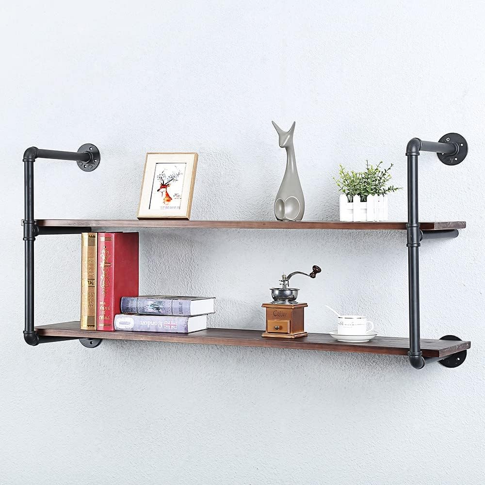 Industrial Pipe Shelving Wall Mounted,48in Rustic Metal Floating Shelves,Steampunk Real Wood Book Shelves,Wall Shelf Unit Bookshelf Hanging Wall Shelves,Farmhouse Kitchen Bar Shelving(2 Tier)