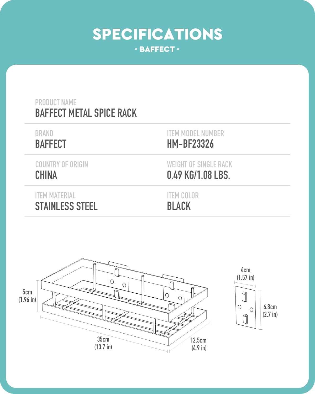 Metal Spice Rack Wall Mount Floating Shelves 2 Pack Black Storage organizer for Cabinet Door Pantry Kitchen Bathroom Supplies (13.7inches length)