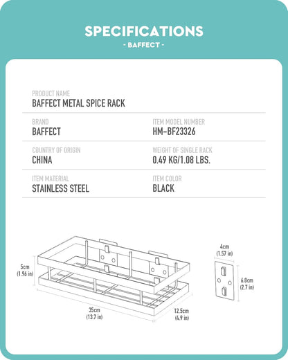 Metal Spice Rack Wall Mount Floating Shelves 2 Pack Black Storage organizer for Cabinet Door Pantry Kitchen Bathroom Supplies (13.7inches length)