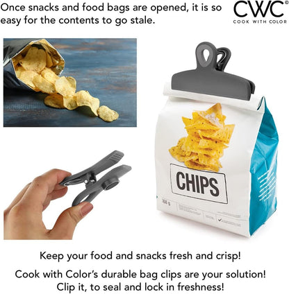 COOK WITH COLOR Bag Clips - Heavy Duty Chip Clip and Refrigerator Magnet Clips for Food Storage with Air Tight Seal Grip, Grey, Pack of 8