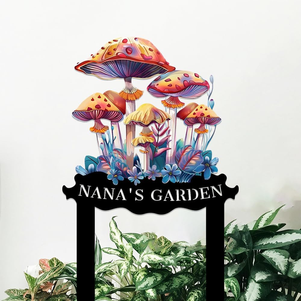 Personalized Mushroom Metal Sign with Stake,Custom Gardener Family Name Signs Outdoor Decor,Customized Flowers Gardening Birthday Gifts,Butterfly Plaque for Patio Lawn Porch Backyard Front Door Garage