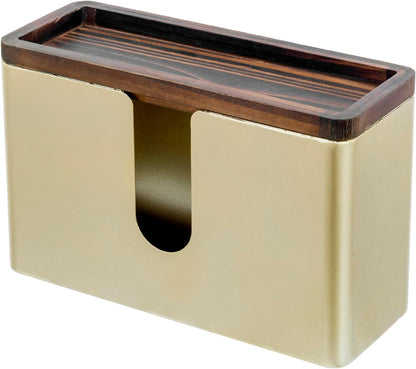 MyGift Deluxe Modern Brass Tone Metal Folded Commercial Paper Towel Holder with Burnt Solid Wood Tray Lid, Wall Mounted Trifold Multifold Z Fold Disposable Napkin Dispenser