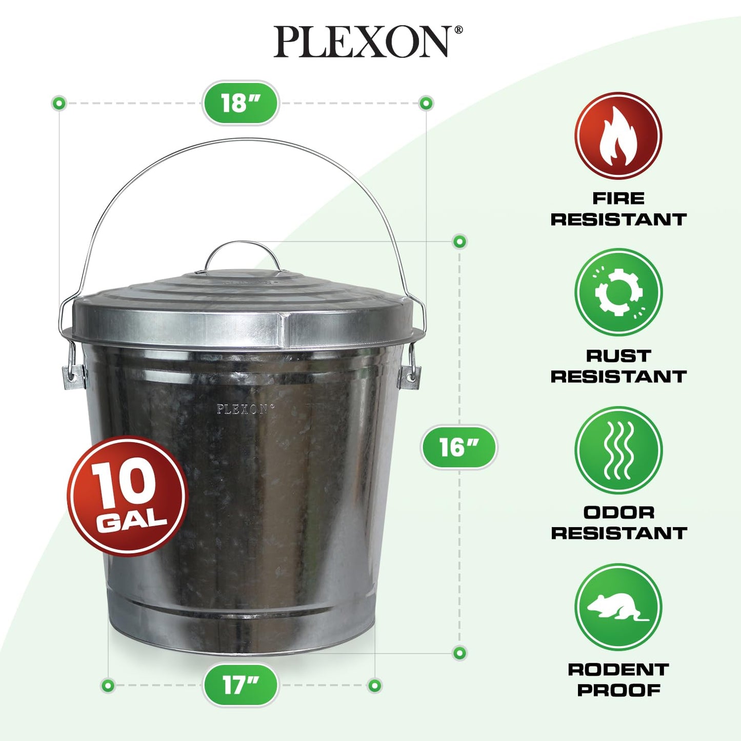 Plexon 10 Gallon Trash Can with Lid Outdoor Galvanized Metal Bucket with Locking Lid for Poultry Feed Bird Seed Storage Ash Garbage Trash Bin