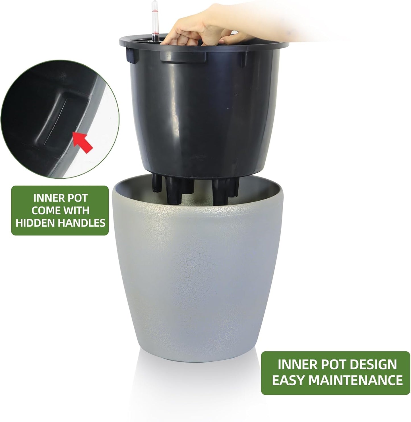 Dexceder 18x17 Self Watering Planter with Wheels Indoor Outdoor, Inner Pot Design, Thickened Large Floor Standing Flower Plant Pot with Water Level Indicator (Grey Gold Crackle)