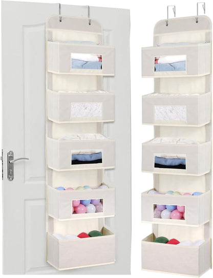 MAX Houser 5-Shelf Over The Door Hanging Organizer with 2 Metal Hooks, 5 Pocket Over The Door Wall Mount Storage with Clear Windows for Baby Nursery Bathroom Closet,Bedroom,Dorm,Diapers,Kids(Beige)