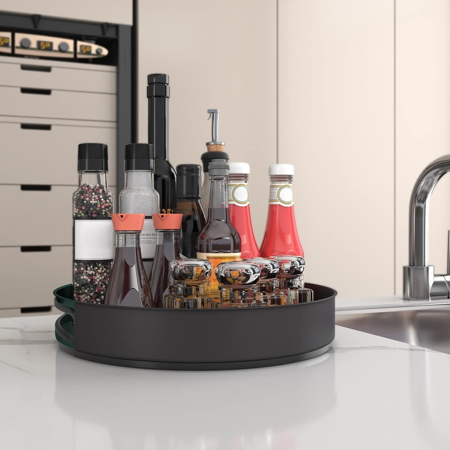 VAEHOLD Lazy Susan Stainless Steel Spice Rack Turntable for Pantry Cabinet - Decorative Trays Storage Containers Organizer for Kitchen Cabinet, Snacks, Bathroom (7 1/2 inches) (7 1/2'' Black)