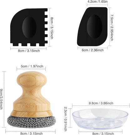Cast Iron Scrubber and Scraper,Chain Mail Cleaner with Bamboo Handle & Draining Tray,316 Stainless Steel Brush for Cleaning Pots,Pans,Wok,Bakeware,Griddles, Grills,Dishes (Small Chain Mail)