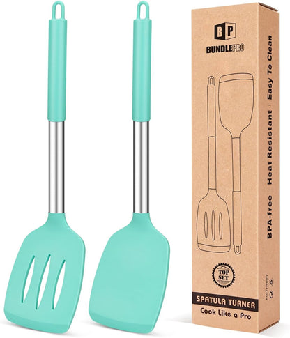 Pack of 2 Silicone Solid Turner, Non Stick Slotted Kitchen Spatulas, High Heat Resistant BPA Free Cooking Utensils, Ideal Cookware for Fish, Eggs, Pancakes(Green)