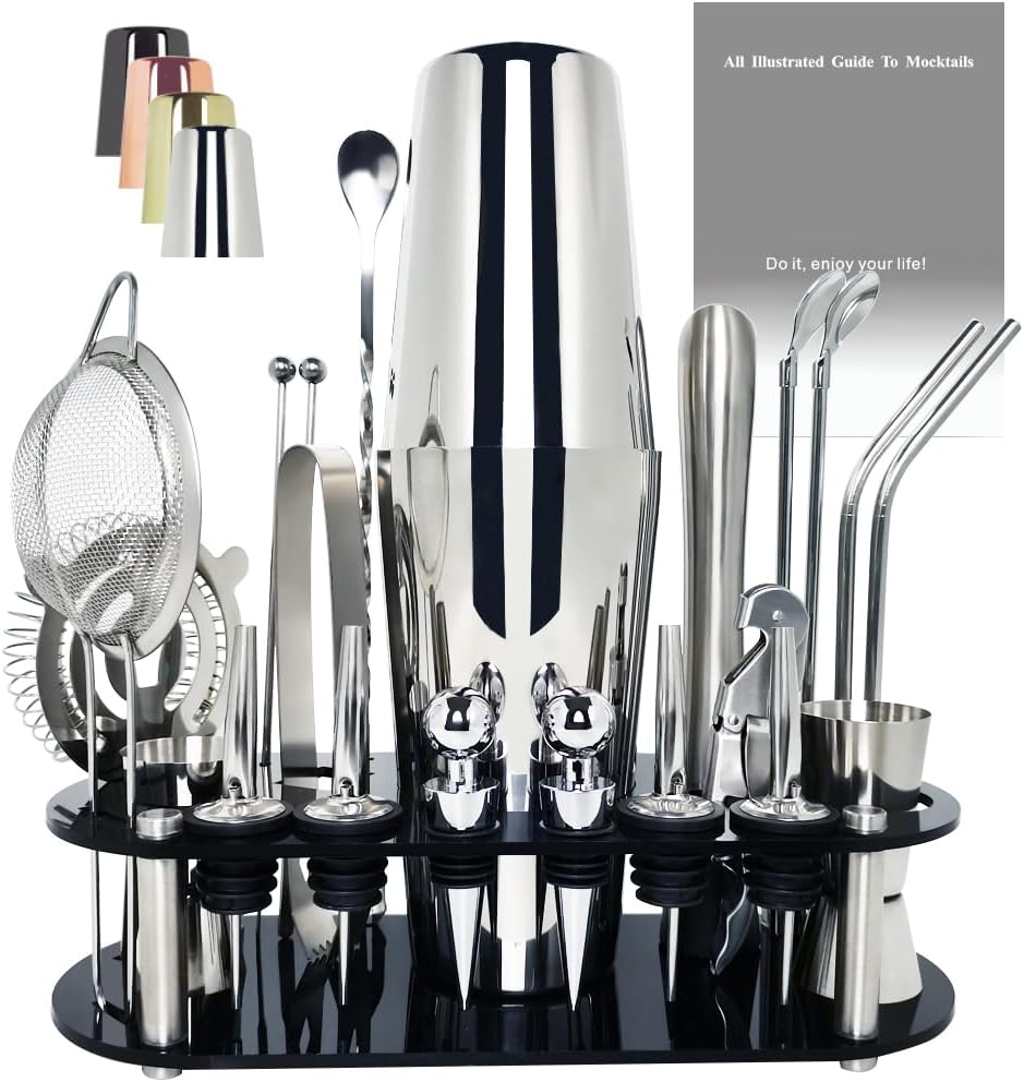 22-Piece Cocktail Shaker Set, 25/20oz Bartender Kit, Bartending Stainless Steel Bar Tools Sets for Drink Mixing, Boston Cocktail Shakers with Stand Recipes Booklet (Siver 25-20oz)