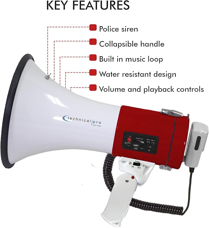 Technical Pro Portable Lightweight 75-Watt Megaphone Bullhorn w Siren, Detachable Microphone & Strap - Professional Outdoor Voice for Police & Cheer Leading