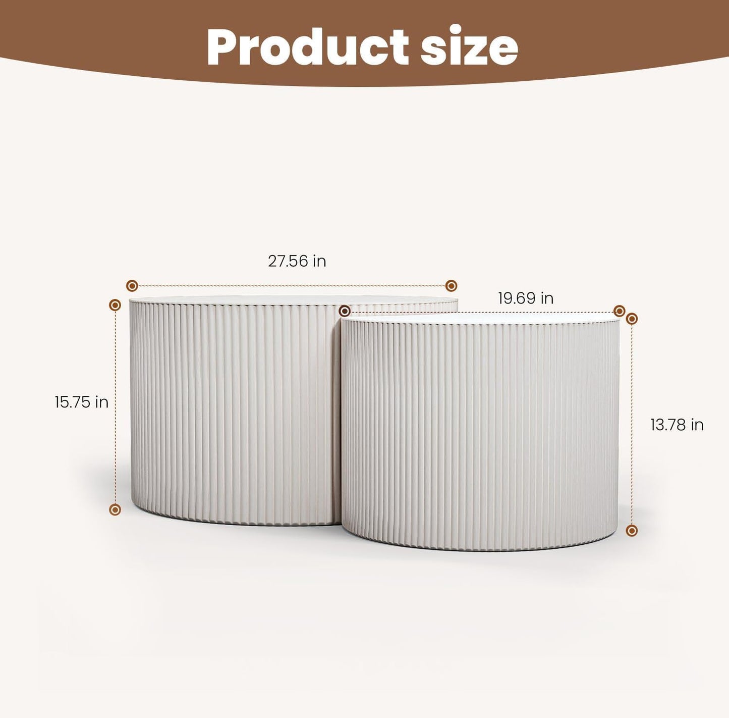 Round Nesting Coffee Table Wood Drum Nesting Tables Modern Stacking Coffee Table Set of 2 Fluted Center Table End Table for Living Room Home Office Small Spaces, No Assembling (White Large)