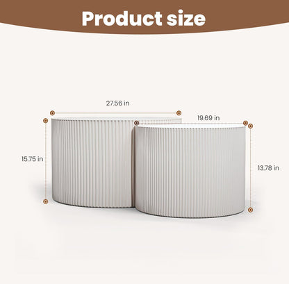 Round Nesting Coffee Table Wood Drum Nesting Tables Modern Stacking Coffee Table Set of 2 Fluted Center Table End Table for Living Room Home Office Small Spaces, No Assembling (White Large)