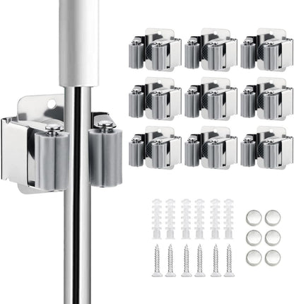 9PCS Broom and Mop Holder, Heavy Duty Garden Tool Organizer Rack Rake and Shovel Handle, Stainless Steel Mop Hanger. Screws for Wall Mounted. Silver.