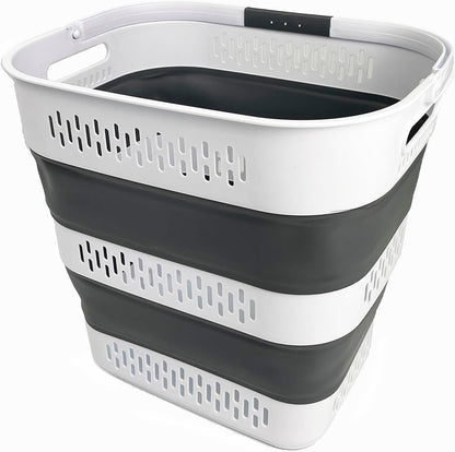 SAMMART 40L (10.5 Gallon) Collapsible Plastic Laundry Basket with Handles - Foldable Pop Up Storage Container/Organizer - Portable Laundry Hamper - Space Saving (1, White/Steel Grey)