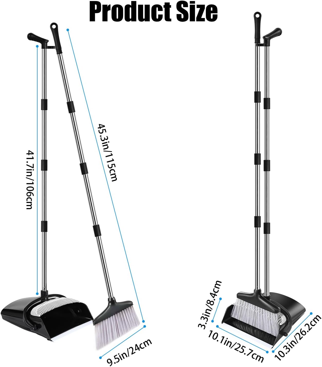 Broom and Dustpan Set with Long Handle and 6 Bonus Cleaning Tools, Upright Standing Combo with Self-Cleaning Teeth & Windproof Dustpan for Pet Hair, Home, Kitchen, Garage, Apartment