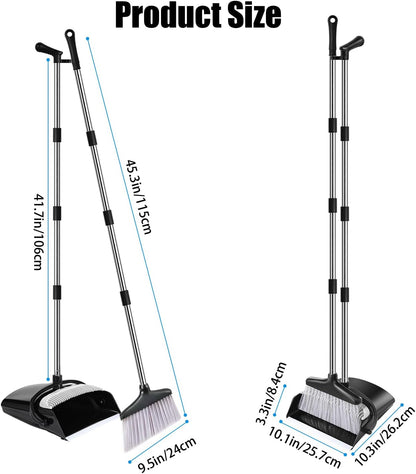 Broom and Dustpan Set with Long Handle and 6 Bonus Cleaning Tools, Upright Standing Combo with Self-Cleaning Teeth & Windproof Dustpan for Pet Hair, Home, Kitchen, Garage, Apartment