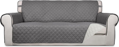 PureFit Reversible Quilted Sofa Cover, Water Resistant Slipcover Furniture Protector, Washable Couch Cover with Non Slip and Elastic Straps for Kids, Dogs, Pets (Sofa, Gray/Ivory)