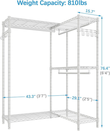 VIPEK L4 Garment Rack L Shaped Clothes Rack for Corner, Freestanding Portable Wardrobe Closet Heavy Duty Clothing Rack with 3 Hanging Rods & 2 Side Hooks, 43.3"Lx29.1"Wx76.4"H, Max Load 810LBS, White