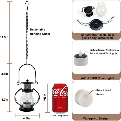 Solar Hanging Lanterns Outdoor Waterproof, Vintage Mini Metal Lantern with Flickering Solar Powered Tea Lights, Perfect Chargeable Solar Lights for Backyard Patio Garden Fence Tree Decoration-4Pack
