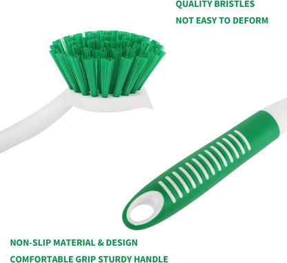 Dish Brush with Handle, 2 Pack Scrub Brushes with Built-in Scraper for Cleaning Kitchen, Pots, Pans and Sink, Scrubber Washing Tools, Green