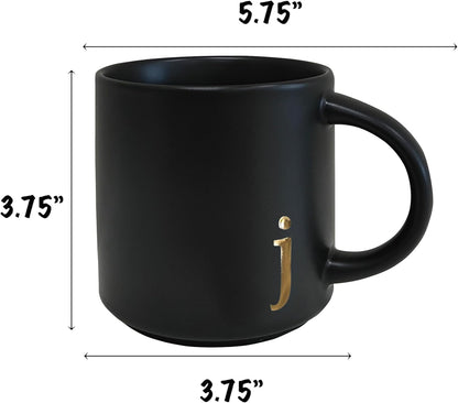 COLLECTIVE HOME - Black Monogram Ceramic Mugs, 15 oz Golden Initial Coffee Cups, Elegant Alphabet Tea Mugs, Personalized Halloween Mug with Gift Box, Perfect for Office and Home Décor (j)