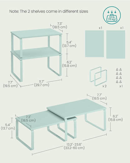 SONGMICS Cabinet Organizer Shelf, Set of 2 Kitchen Counter Shelves, Kitchen Storage, Spice Rack, Stackable, Expandable, Metal and Engineered Wood, Moonlight Green UKCS002C01