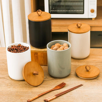 Large Ceramic Storage Jars, Modern Elegant Highly Polished Airtight Gorgeous Storage Canisters with Wooden Lid Food Storage Jar for Kitchen Spice Tea Vanilla Sugar Coffee Beans (Black)
