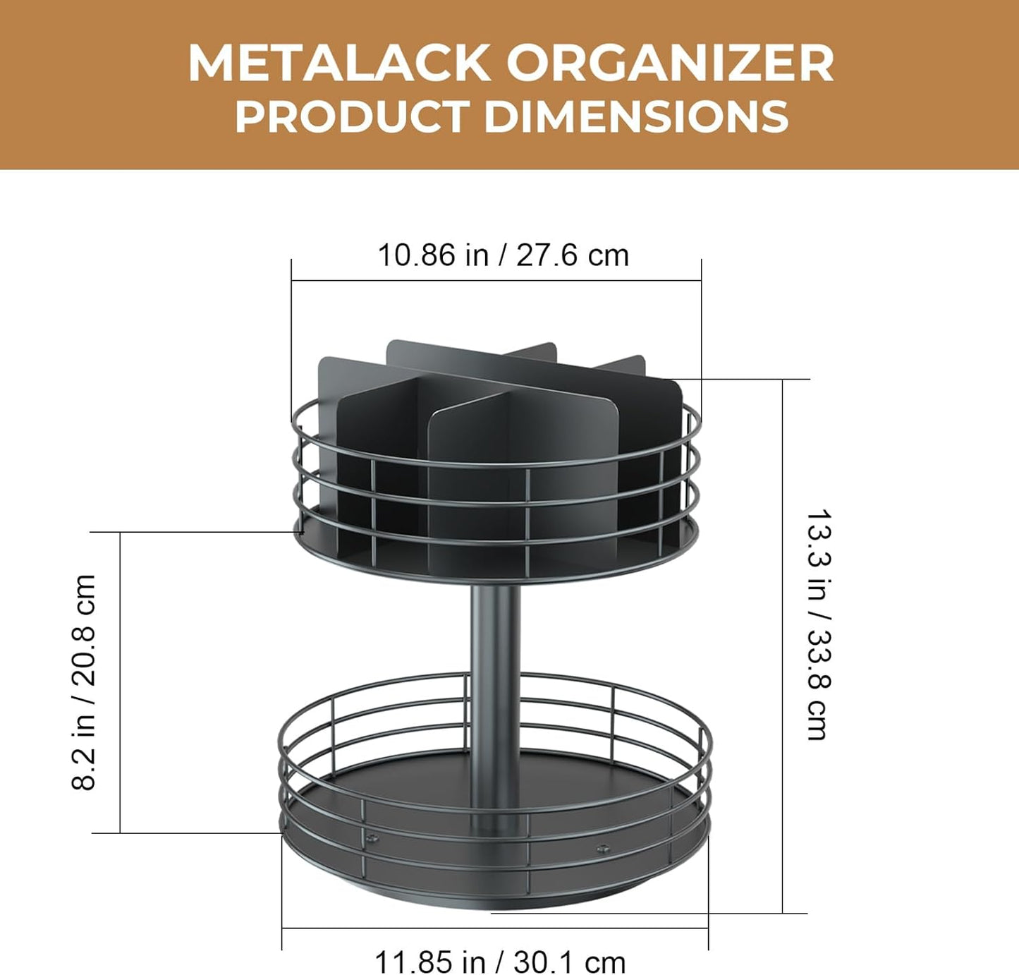 Snack Organizer - Versatile Snack Storage 2 Tier Lazy Susan with Convenient Grab-and-Go Design, Metal Snack Holder for Home, Office, Breakroom, 11.85" L x 11.85" W x 13.3" H (Matte Black)