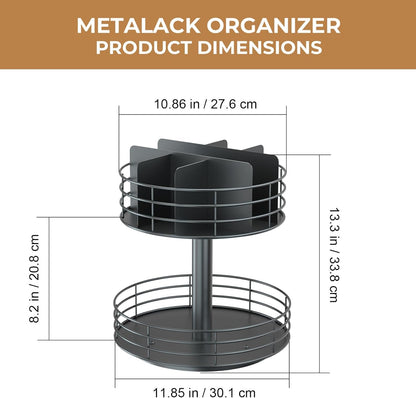 Snack Organizer - Versatile Snack Storage 2 Tier Lazy Susan with Convenient Grab-and-Go Design, Metal Snack Holder for Home, Office, Breakroom, 11.85" L x 11.85" W x 13.3" H (Matte Black)