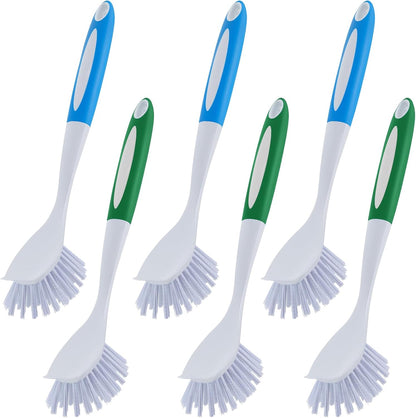 Hsei 6 Pcs Blue and Green Kitchen Scrub Dish Brush Bulk with 11 Inch Anti Slip Handle Cleaning Dish Scrubber with Stiff Bristles Washing Scrub Brushes for Housekeeping for Pots and Pans, Kitchen Sink