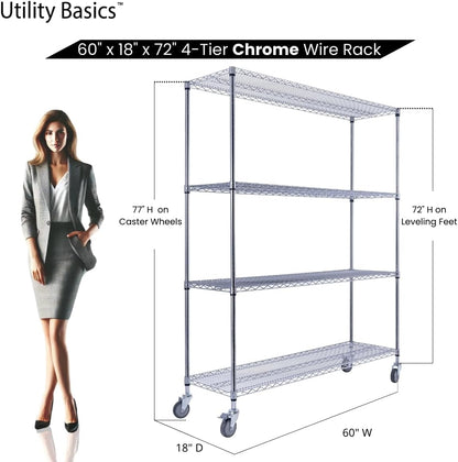 60"x18"x72" Chrome Premium Metal Steel Wire Shelving 4-Tier NSF 3200 LBS MAX Capacity Heavy Duty Storage Rack for Garages, Commercial Spaces, Hospitals, & Schools w/Premium Wheels