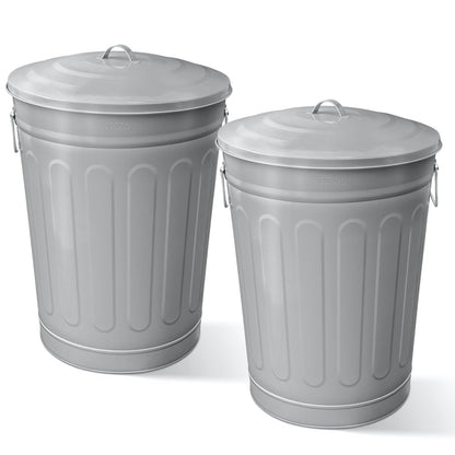 Plexon Round Trash Can 13 Gallon, Vintage Metal Outdoor Trash Can with Lid, Retro Farmhouse Garbage Container, Old School Modern Ash Bucket, Gray 2 Pack