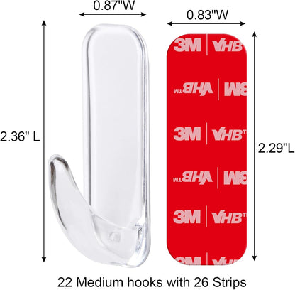 Wall Hooks for Hanging Heavy Duty, Medium 22 Self Adhesive Wall with 26 Strips no Damage, Transparent Sticky for Key, Shower,Towel, Coat, Door, Hat