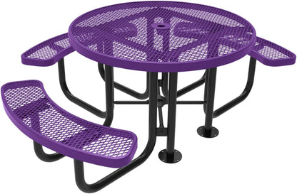 Heavy-Duty Portable Outdoor Picnic Table with Umbrella Hole, Expanded Metal Patio Dining Furniture Made in America (46" Round Top, Textured Purple)