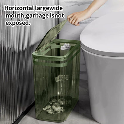 Transparent Trash Can, Bathroom Trash Cans with Lids, 3.5 Gallon Garbage Can for Bedroom, Office, Plastic Slim Waste Basket with Press Top Lid, 15L Clear Trash Bin for Home, Kitchen (Green)
