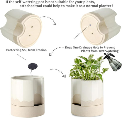 Nihow Self Watering Plant Pot: 8 Inch Ceramic Planter with Drainage Hole & Water Storage Plus for Indoor & Outdoor Plants - Cylinder Round Flower Pot for Succulent/Herbs/Violets - White & Wave Nature