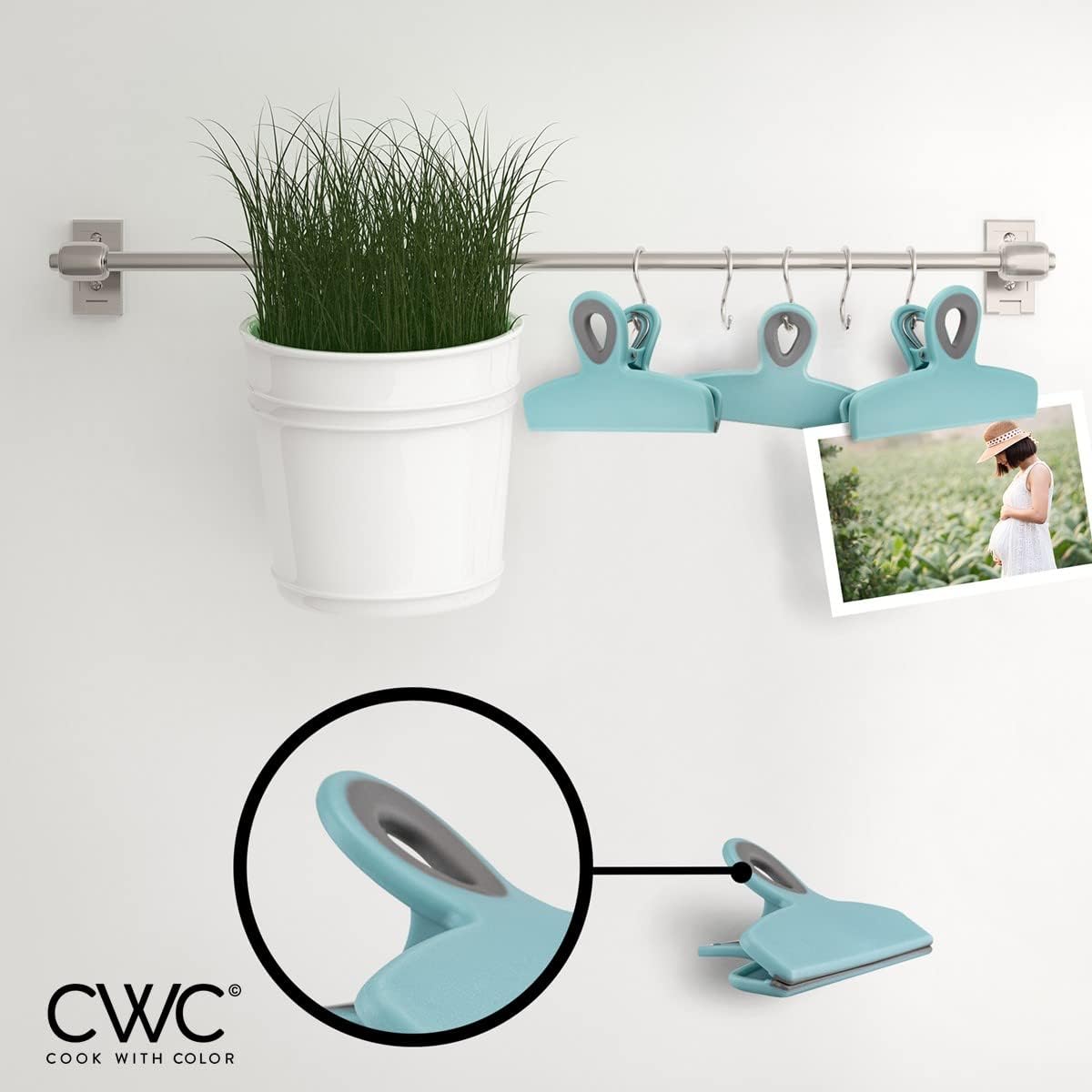 COOK WITH COLOR Bag Clips - Heavy Duty Chip Clip and Refrigerator Magnet Clips for Food Storage with Air Tight Seal Grip, Teal, Pack of 4 Large Clips