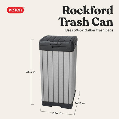 Keter Rockford Resin 38 Gallon Outdoor Kitchen Trash Can with Lid and Drip Tray for Easy Cleaning-Perfect for Patio Dining, Grey