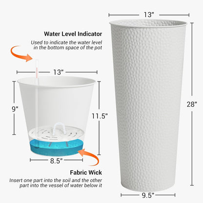 Worth Garden 2-Pack 28" H. Metal Planter with 2X Inside Pots - Hand-Hammered Texture Tall Cone Plant Pots - Large Handcrafted Flower Pot for Indoor Outdoor, Deck, Patio, Front Porch - White