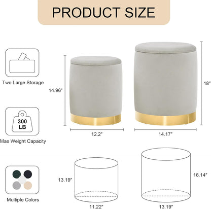 Round Ottoman with Storage Set of 2, Upholstered Velvet Storage Ottomans, Vanity Stool, Multifunctional Ottomans, Coffee Table Foot Rest Ottoman for Living Room Bedroom, Light Grey