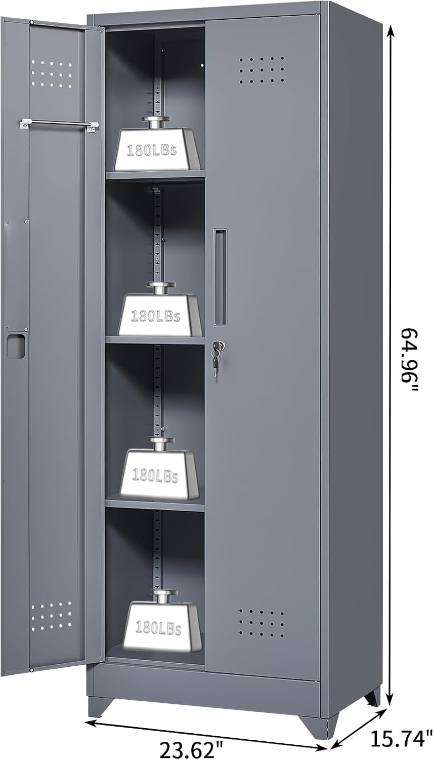 Broom Closet Storage Cabinet, Steel Locking Cabinet with Hanging Rod, 65" Cleaning Storage with Doors and Hooks, Tall Broom Tool Cabinets for Office, Garage