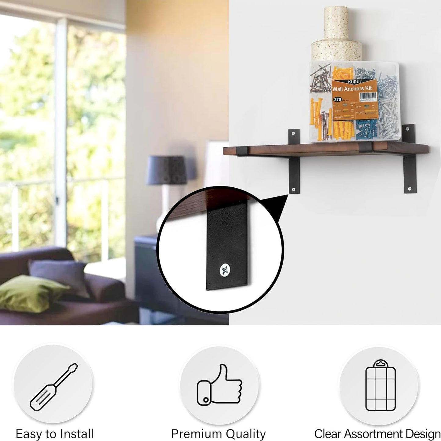 KURUI Drywall Anchors and Screws Assortment Kit 270PCS, 135 Plastic Dry Wall Expansion Anchors and 135 Philips Flat Head Wood Screws, 5 Sizes Wall Hanging Kit for Art Decor, Replaces Picture Nails