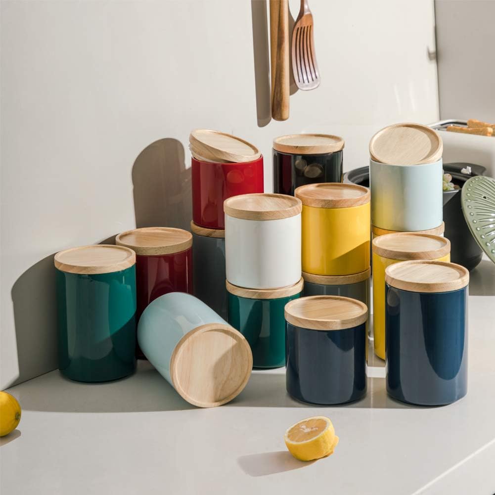 Sweejar Kitchen Canisters Ceramic Food Storage Jar, Stackable Containers with Airtight Seal Wooden Lid for Serving Ground Coffee, Tea, Sugar, Salt and More - 28 Fl Oz (Yellow)