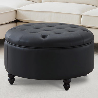 30-Inch Large Round Ottoman, Faux Leather Coffee Table with Removable Lid Top, Upholstered Footrest Modern Button Circle Storage Ottoman for Living Room, Office, PU Black