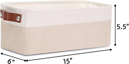 DULLEMELO Fabric Bathroom Storage Bin with Leather Handles, Narrow Organizer for Towels, Toilet Paper Rolls, Storage Basket for Back of Toilet, Vanities, Shelves & Cabinets (White&Khaki)