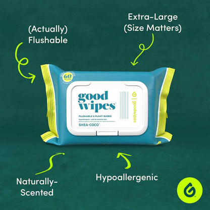 Goodwipes Flushable Wipes – Made with Vitamin E & Aloe – Soft, Individually Wrapped Butt & Feminine Cloths for On-the-Go & Travel Use – Largest Adult Toilet Towelettes – Shea-Coco, 1 pack, 32 count
