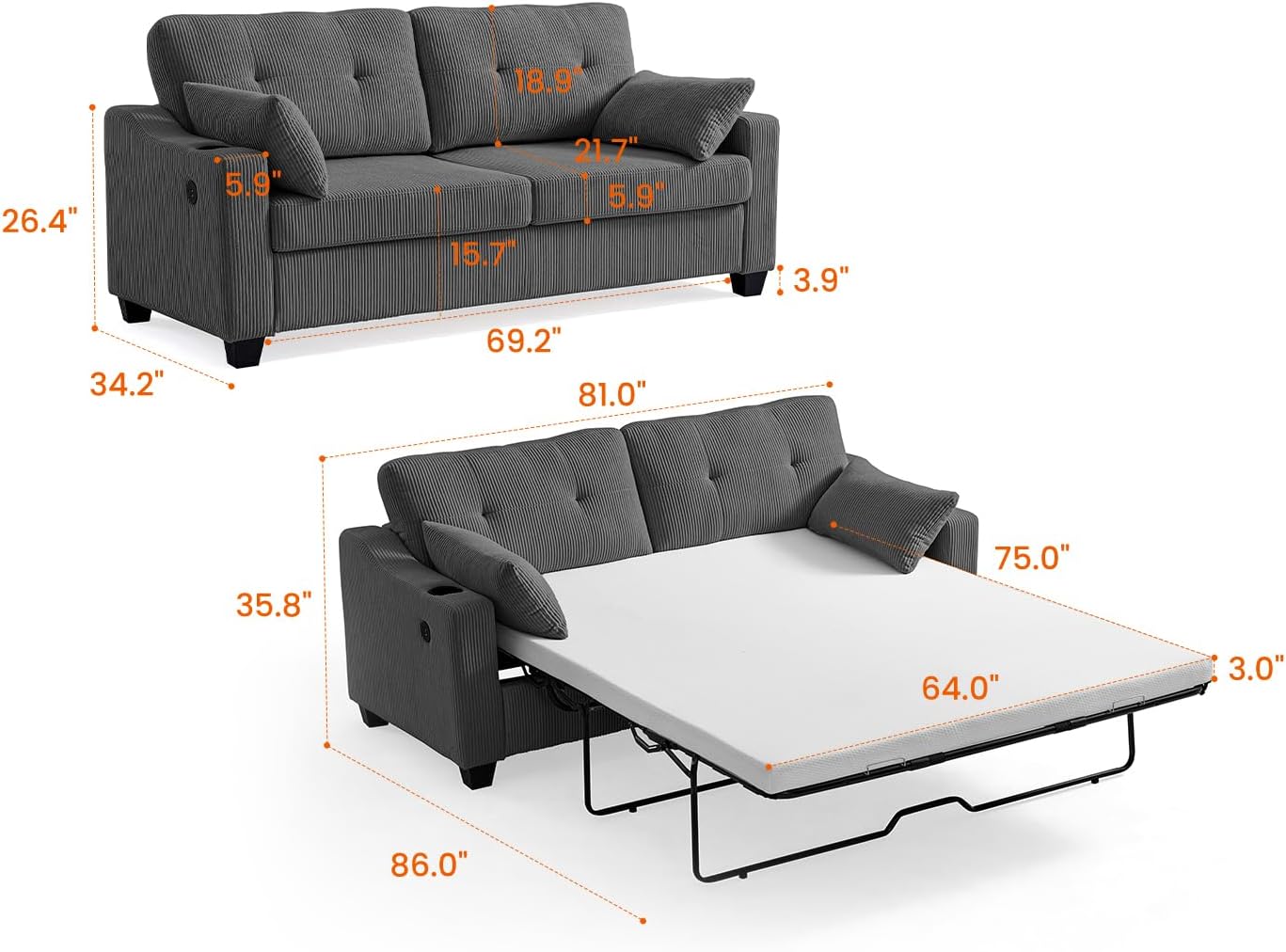 Pull Out Sofa Bed, Full Size Sleeper Sofa, 2-in-1 Convertible Corduroy Couch with USB Charging, Memory Form Couch for Living Room, Apartment and Small Space (Dark Grey, Corduroy - Queen Size)