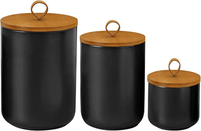 Ceramic Storage Jars, Modern Elegant Highly Polished Airtight Gorgeous Storage Canisters with Wooden Lid Small Food Stroage Jar for Kitchen Spice Tea Vanilla Sugar Coffee Beans (Black-3Pcs)