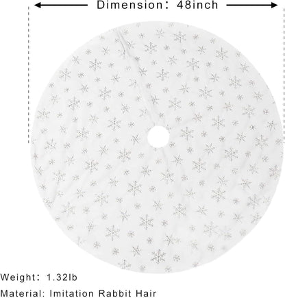 48inch White Christmas Tree Skirt Tree Carpet Blanket, Soft 4ft Xmas Christmas Tree Blanket with Silver Snowflake White Faux Fur Carpet for Christmas Holidays