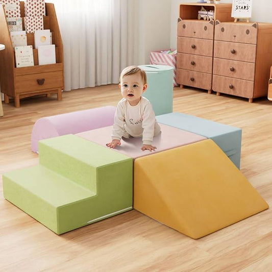 6 Piece Foam Climbing Blocks for Toddlers, Baby Climbing Gym with Ultra High Density Foam for Crawling and Sliding, Indoor Soft Play Set for Infant, Babies & Kids (Multicolor A, 6-Piece)